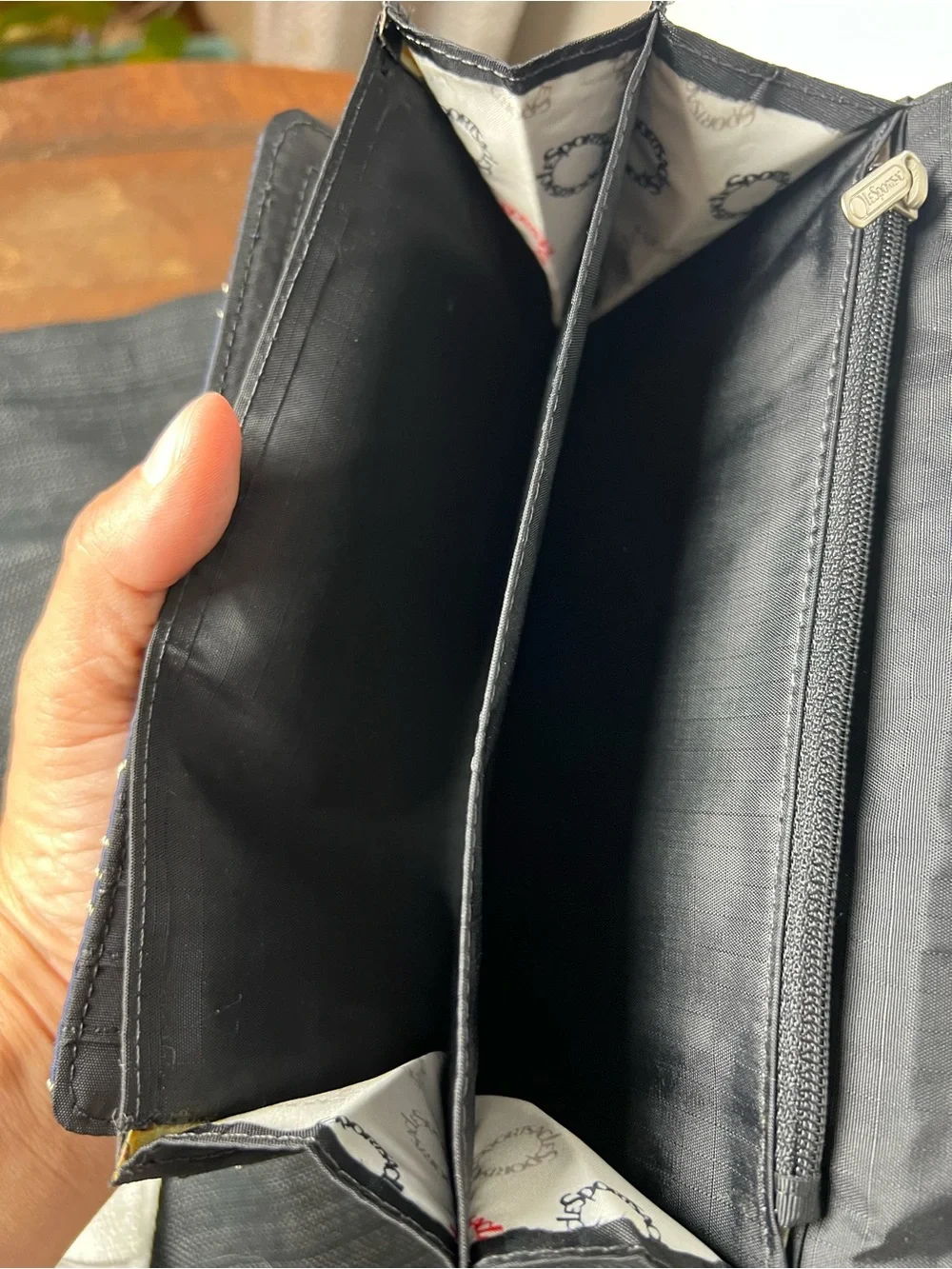 LeSportsac Navy Trifold Wallet with Embroidered Lead Pattern Nylon